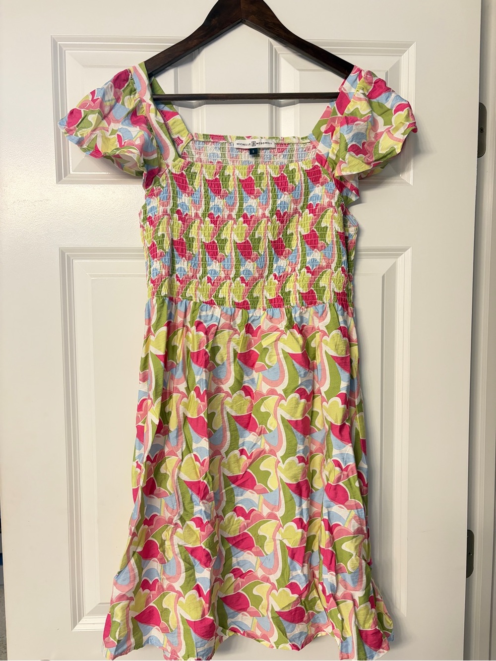 Smocked Floral Mini Dress in Pink & Lime